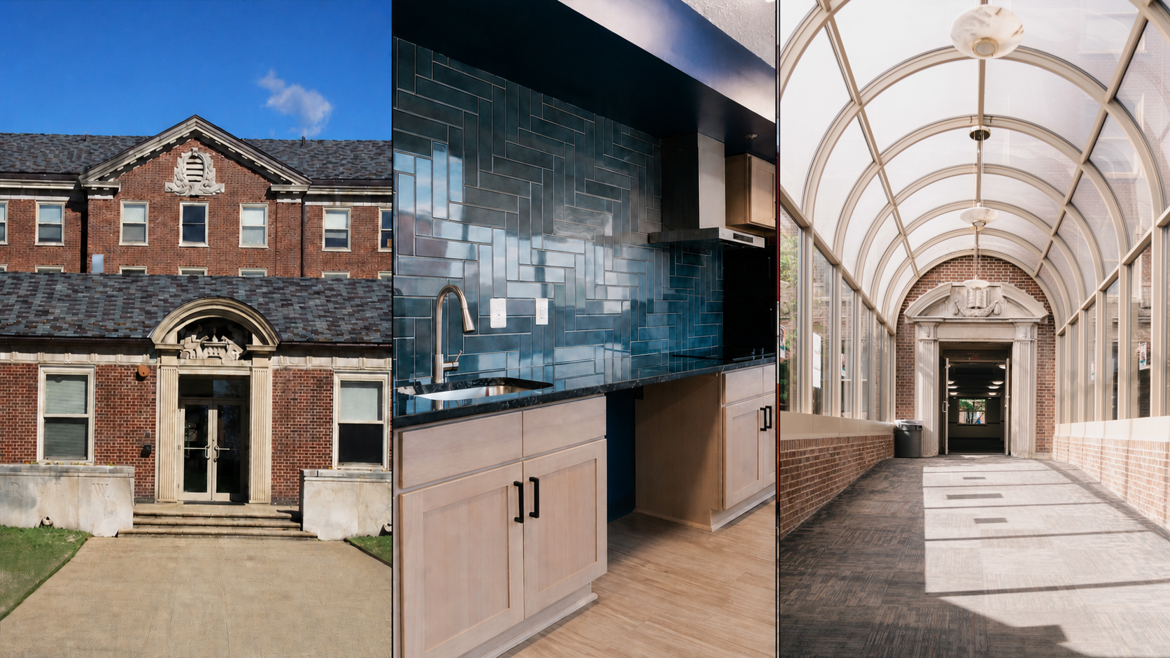 George W. Cook Hall exterior, a renovated residence hall kitchen, and the covered passage at Cook Hall