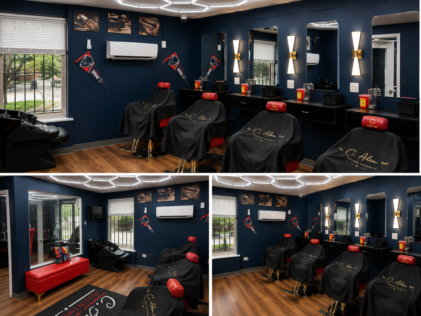 Multiple views of the completed C. Alan Grooming Lounge at Drew Hall
