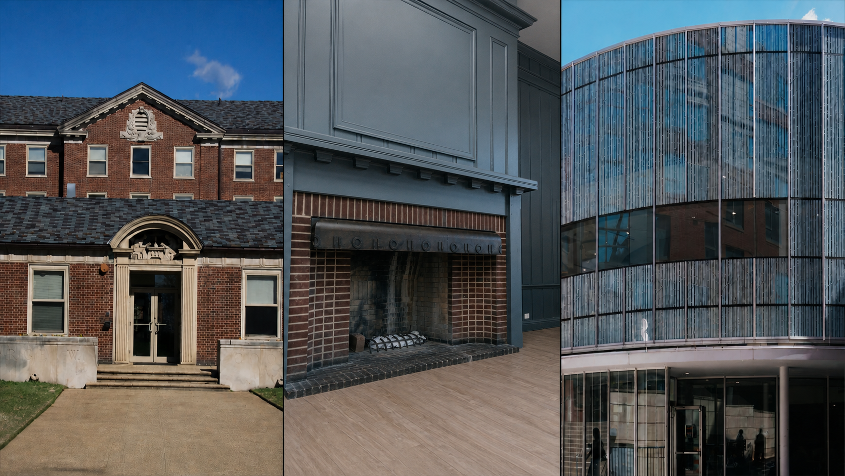 George W. Cook Hall exterior and restored fireplace room alongside Bethune Annex